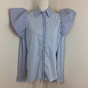 Neubyrne Women's Puff Sleeve Stripped Blue Blouse Size Large NWT